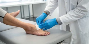 A neuropathy specialist examines a patient's foot during a consultation.