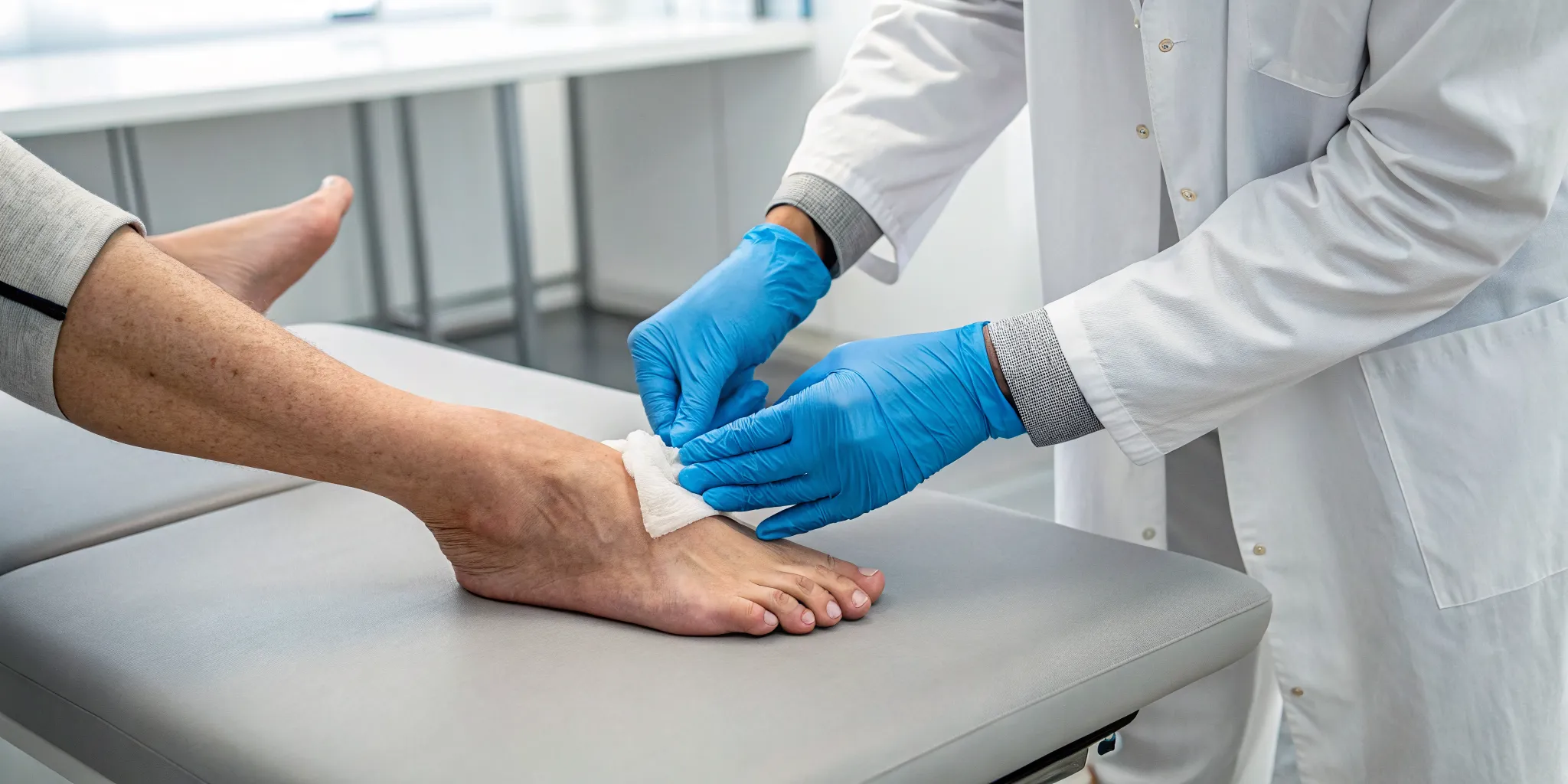 A neuropathy specialist examines a patient's foot during a consultation.