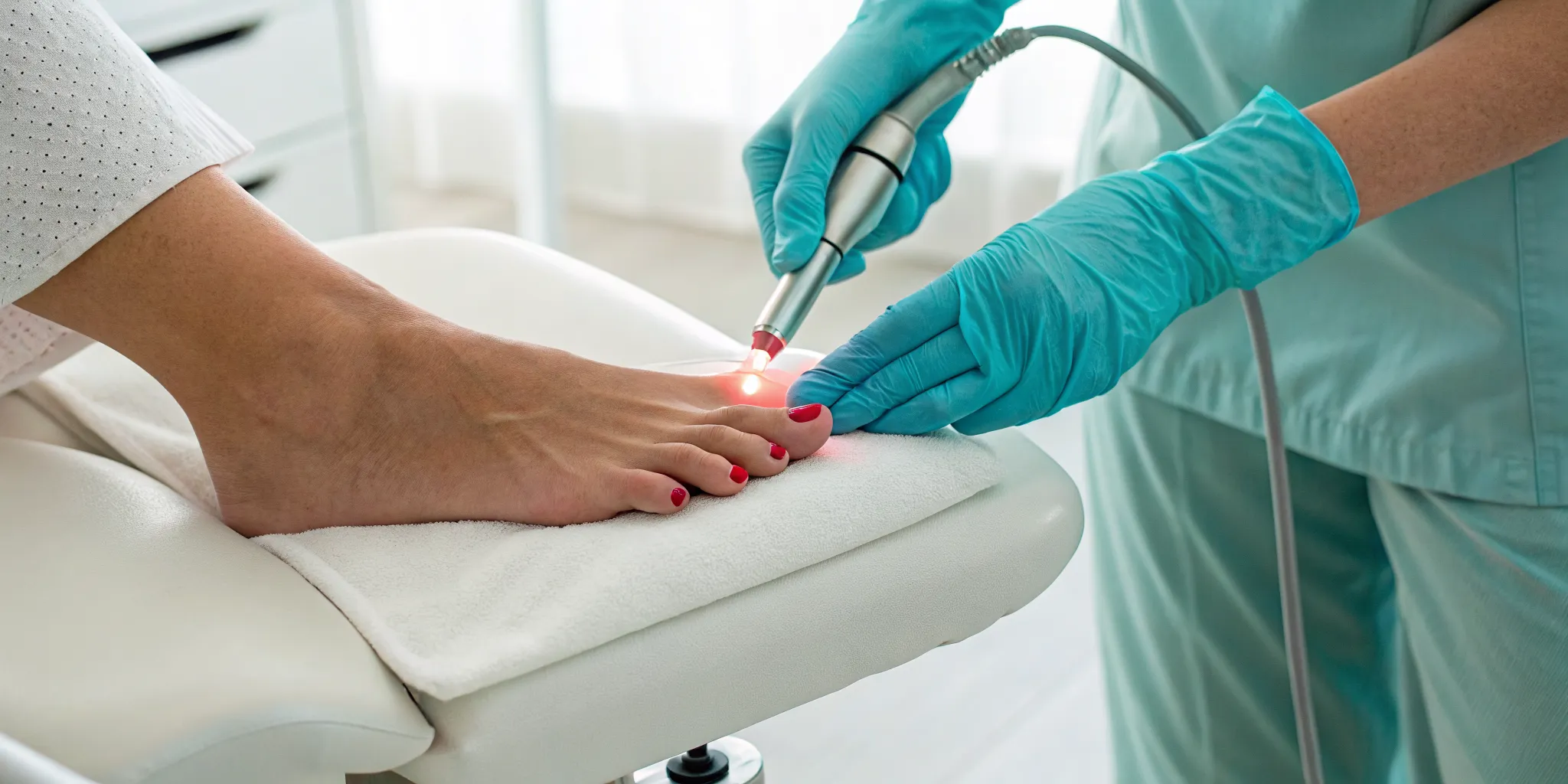 A doctor performing laser treatment for a chronic ingrown toenail.