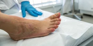 A swollen and bruised foot with a misaligned, broken big toe and damaged nail.
