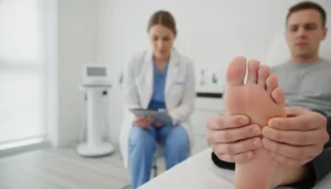 Adult examining bunion pain at the big toe joint