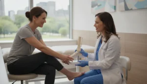 Patient discussing bunion surgery without hardware with a podiatrist