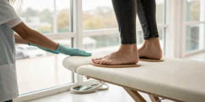 Doctor assessing flat feet to determine if they can be corrected without surgery.