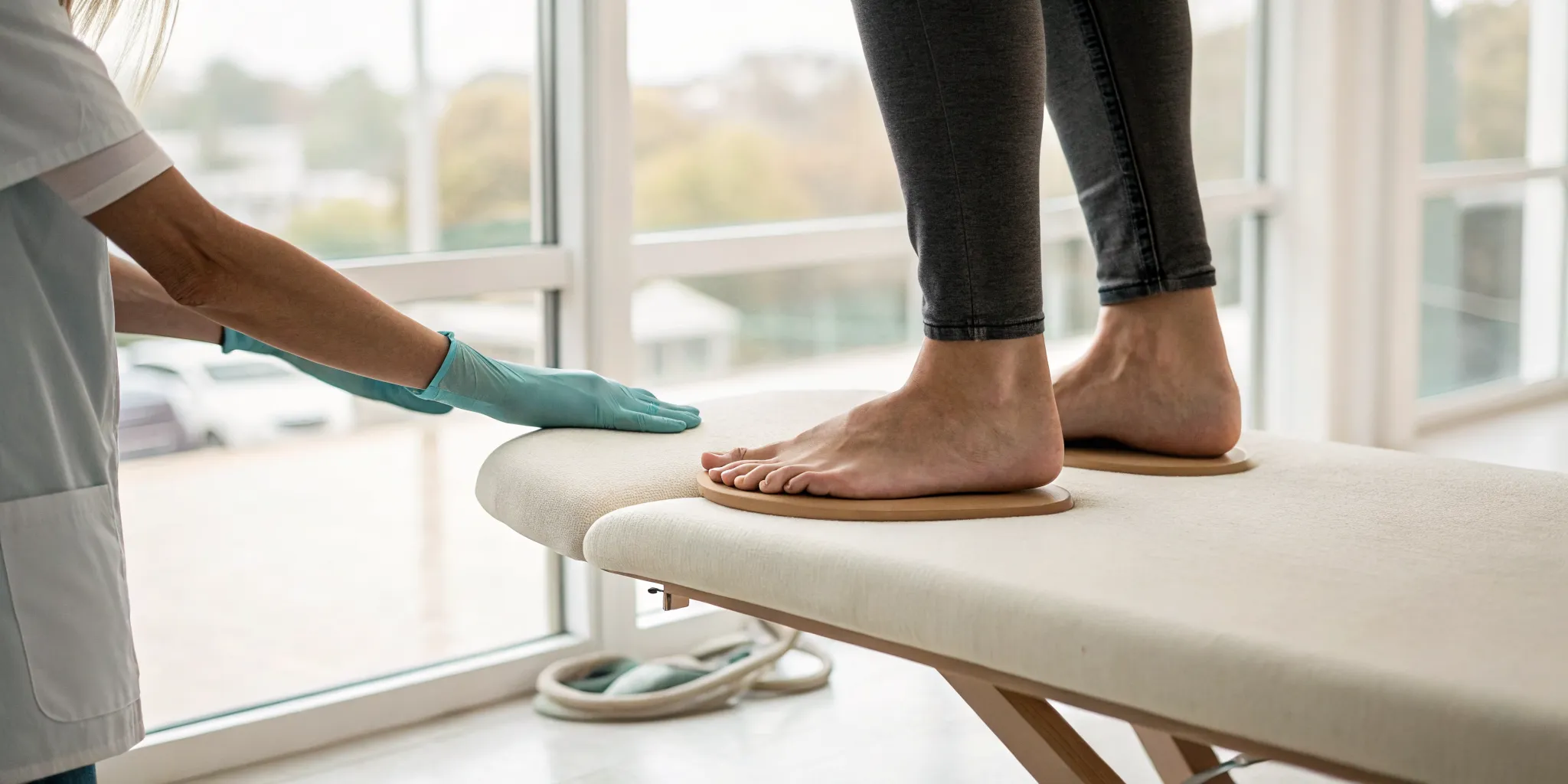 Doctor assessing flat feet to determine if they can be corrected without surgery.