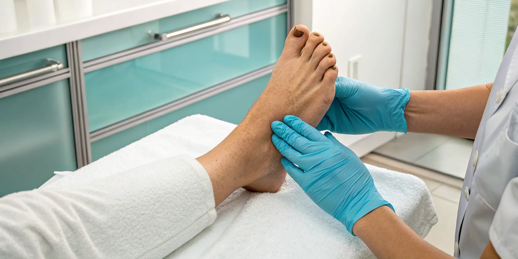 Podiatrist examining a patient's long toes before cosmetic foot surgery.