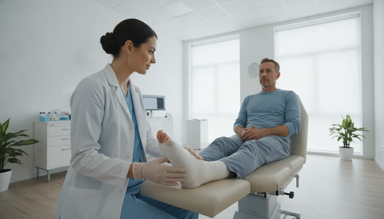 Podiatrist examining a diabetic patient's bandaged foot
