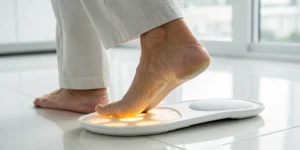 A foot undergoing fat pad restoration treatment with a medical device.
