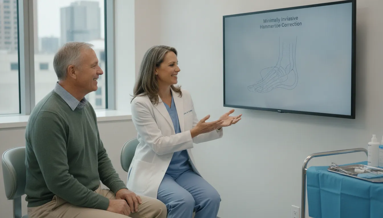 Podiatrist discussing hammertoe surgery without hardware with a patient
