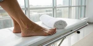 A close-up of a heel on a medical exam table, a common site for a painful bone spur.