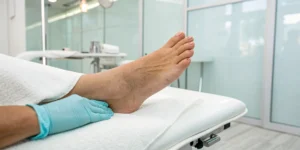 Clinician applying laser therapy to a patient's foot for bunion pain relief.