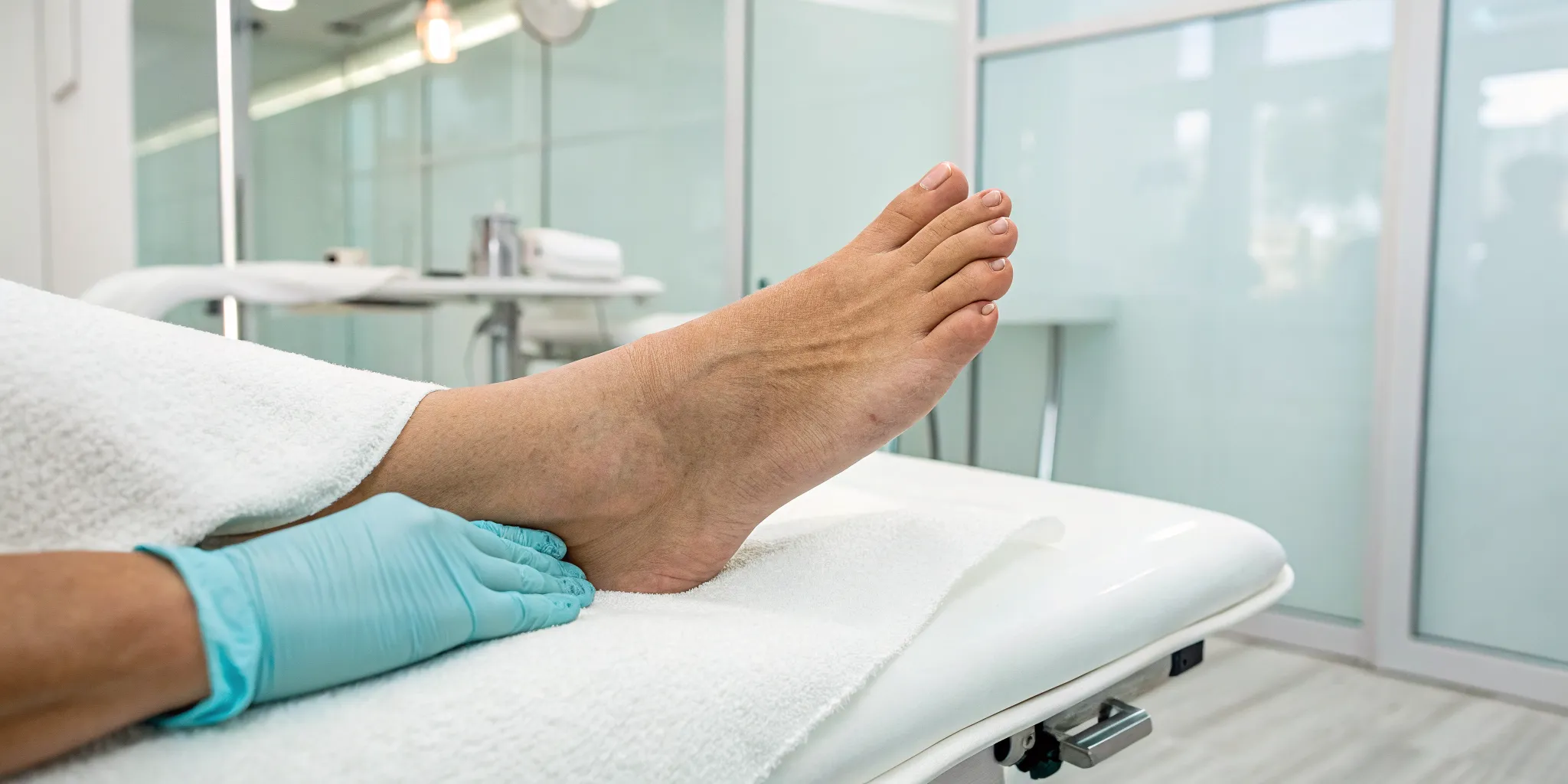 Clinician applying laser therapy to a patient's foot for bunion pain relief.