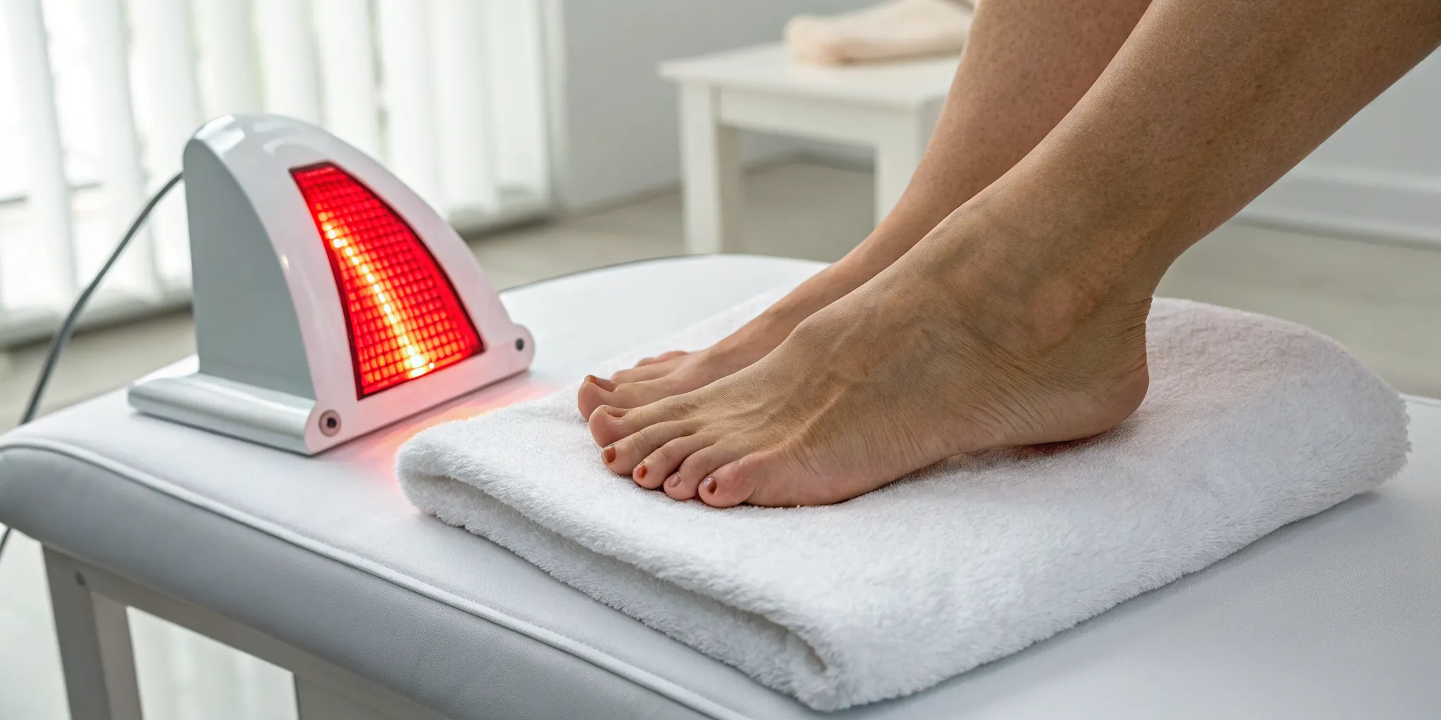 Feet receiving red light therapy for nerve pain relief.