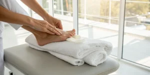 A therapeutic foot massage targeting a bunion to provide pain relief without surgery.