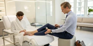 A patient's foot receiving non-surgical laser therapy for tarsal tunnel.