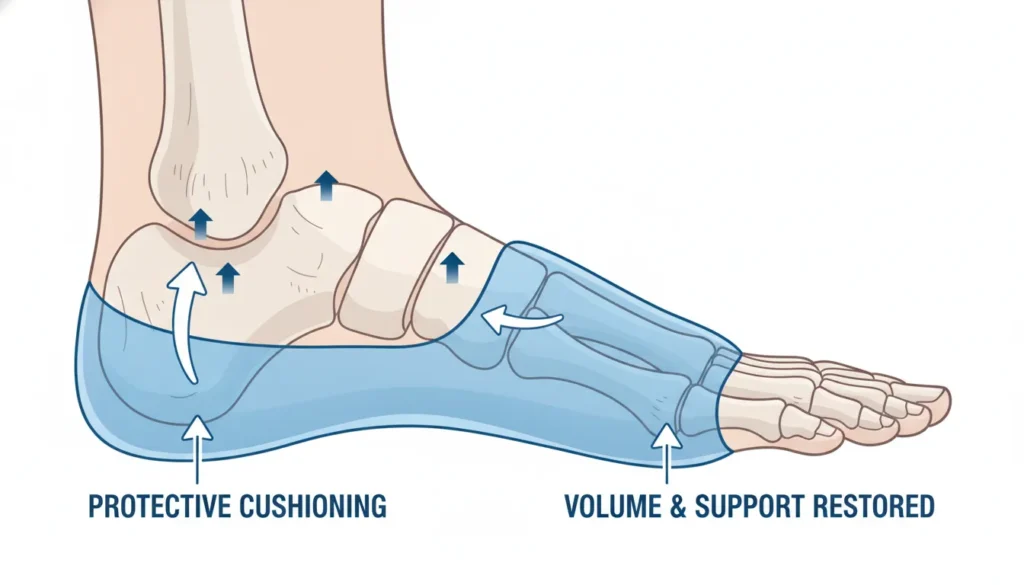 Clinical illustration of human foot sole with Liposana cushioning