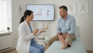 Podiatric surgeon discussing minimal incision bunion surgery with a patient