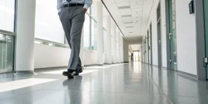 Professional walking confidently after minimally invasive flat foot surgery.