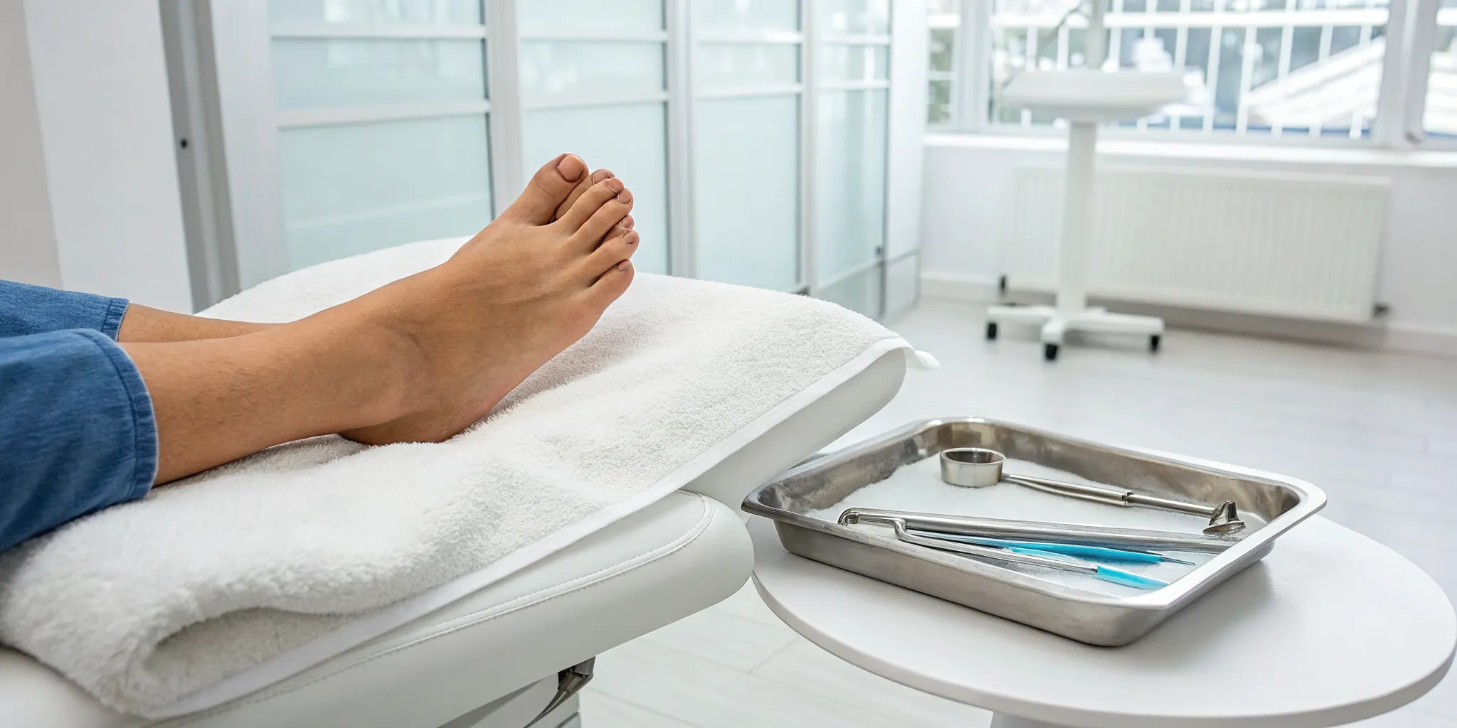 Foot with a hammertoe deformity prepared for minimally invasive toe surgery.