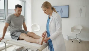 Podiatrist examining a patient's heel for plantar fasciitis