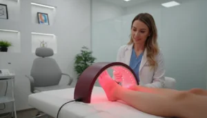Red light therapy treatment for ankle pain in a podiatry clinic
