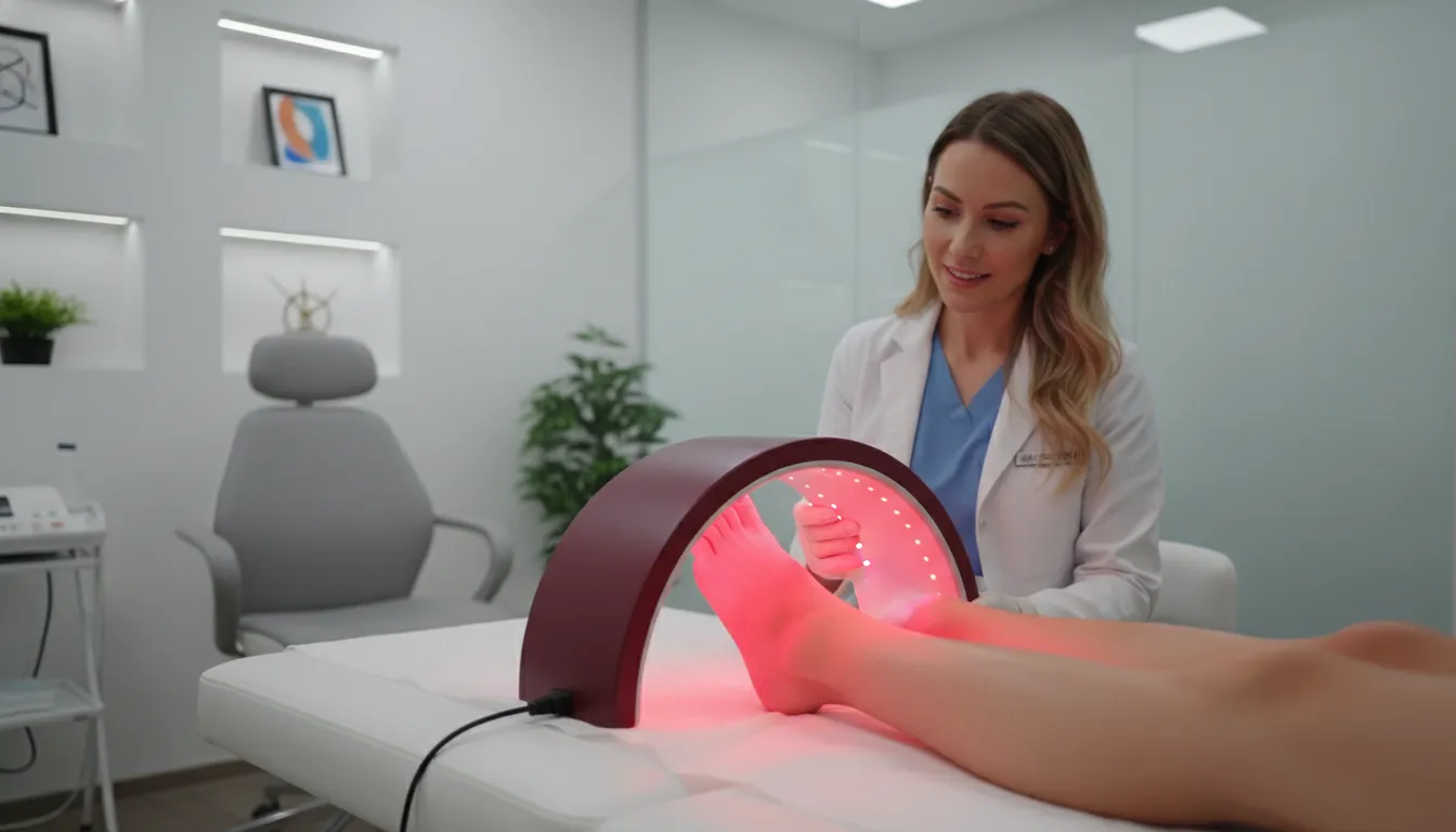 Red light therapy treatment for ankle pain in a podiatry clinic