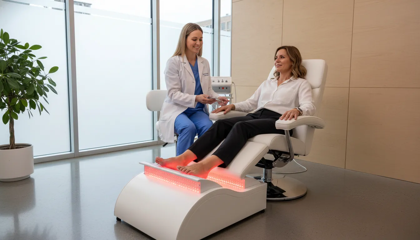 Patient receiving red light therapy on the feet in a podiatry clinic