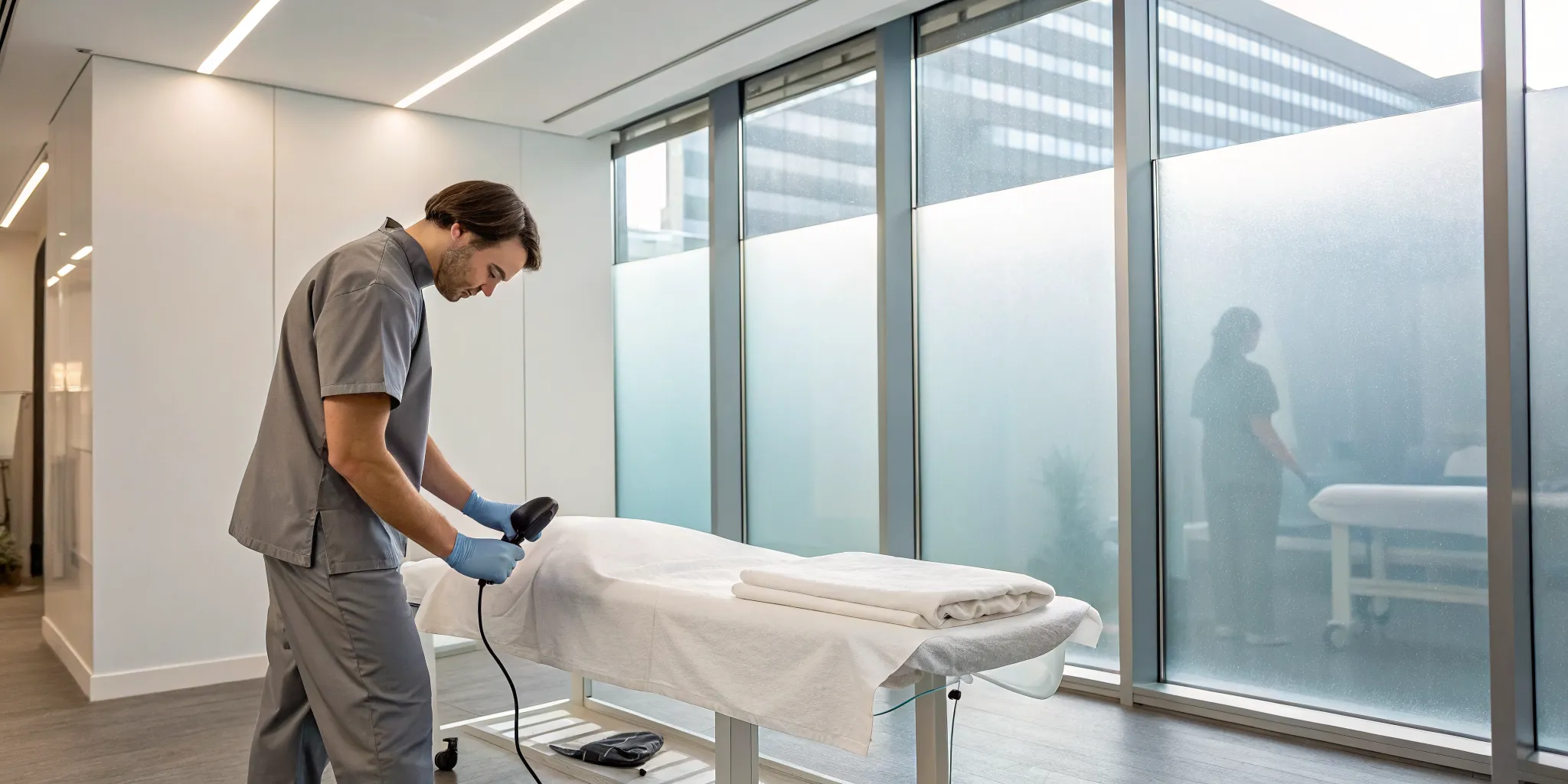 Technician administering shock wave therapy to a patient for non-surgical pain relief.