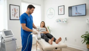 Shockwave therapy for foot pain treatment in a podiatry office