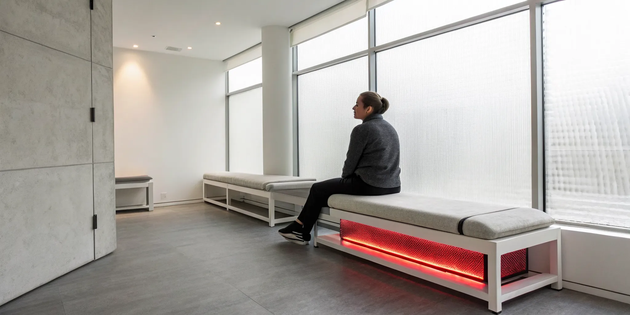 Woman using a glowing red light therapy wrap on her leg.