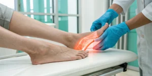 A doctor examining a patient's inflamed foot to diagnose what is Charcot foot.