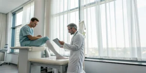 Doctor examining an athlete's foot after cosmetic bunion surgery.