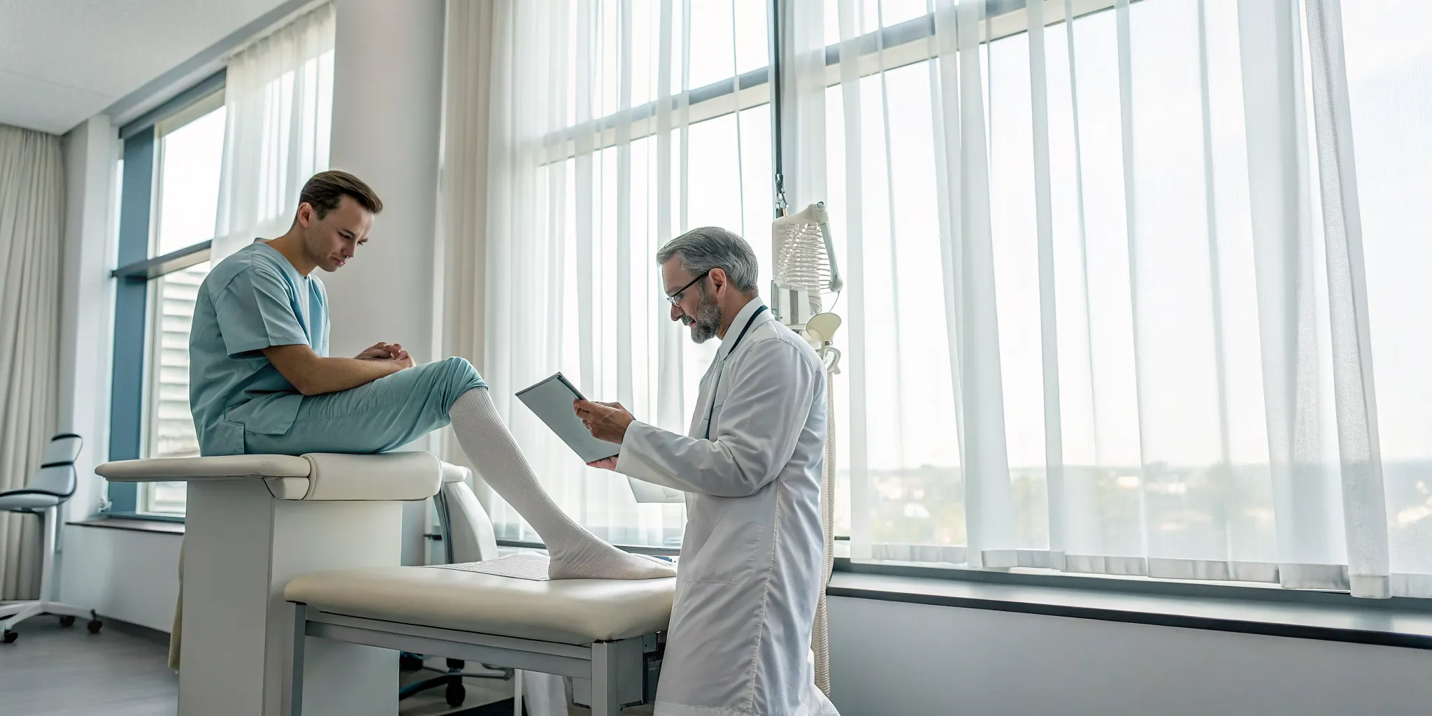 Doctor examining an athlete's foot after cosmetic bunion surgery.