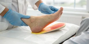 Podiatrist examining a patient's heel on an orthotic to diagnose heel fat pad syndrome.