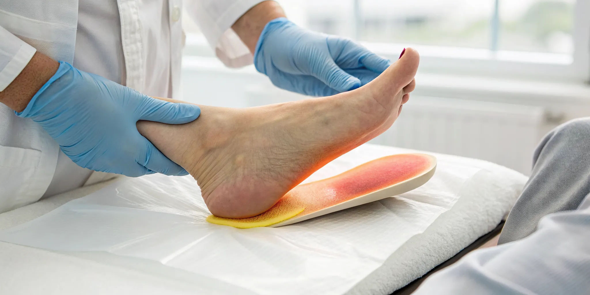 Podiatrist examining a patient's heel on an orthotic to diagnose heel fat pad syndrome.