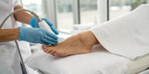 A clinician applying laser treatment to a patient's foot for pain.