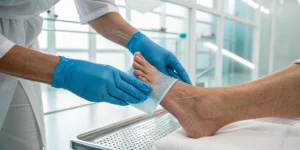 Doctor treating a diabetic foot ulcer with regenerative medicine.