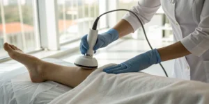 A medical professional applies shock wave therapy to a patient's leg for pain relief.