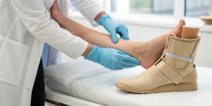 A doctor examines an orthopedic boot used for non-surgical Charcot foot treatment.