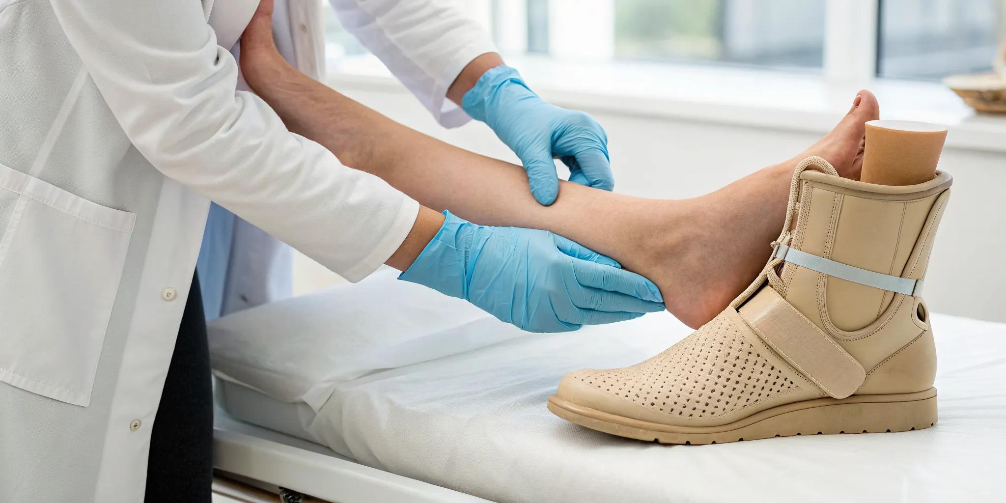 A doctor examines an orthopedic boot used for non-surgical Charcot foot treatment.