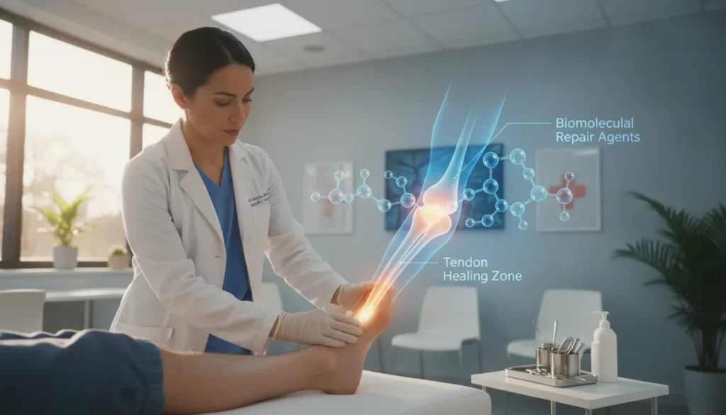 Podiatrist examining a patient's Achilles tendon in a modern medical office with peptide therapy diagram overlay
