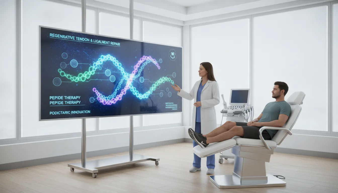 Clinical display showing molecular structures of BPC-157 peptide chains in a modern podiatry clinic