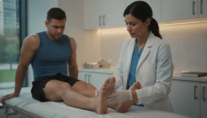 Podiatrist examining a patient ankle in a modern medical office
