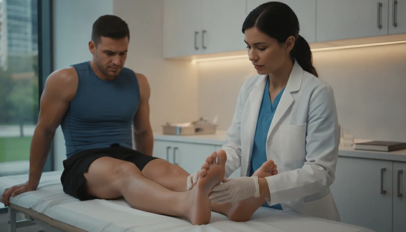 Podiatrist examining a patient ankle in a modern medical office