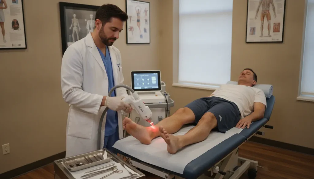 Podiatrist applying Class IV laser therapy to a patient's ankle in a medical clinic