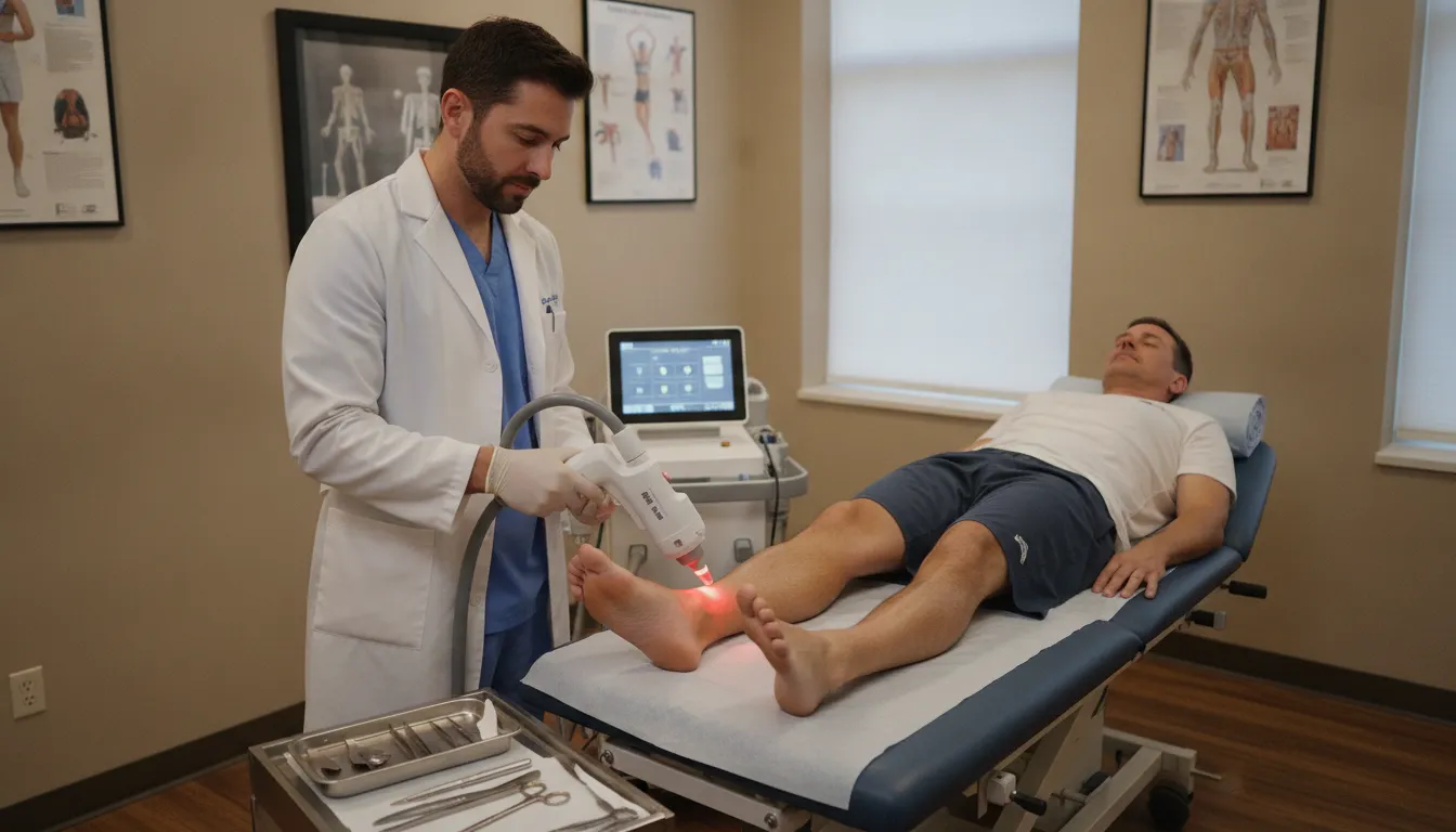 Podiatrist applying Class IV laser therapy to a patient's ankle in a medical clinic