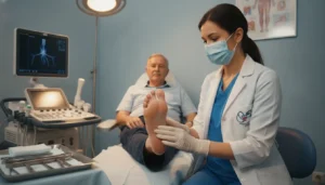 Podiatric surgeon examining a diabetic patient's foot during a limb salvage consultation
