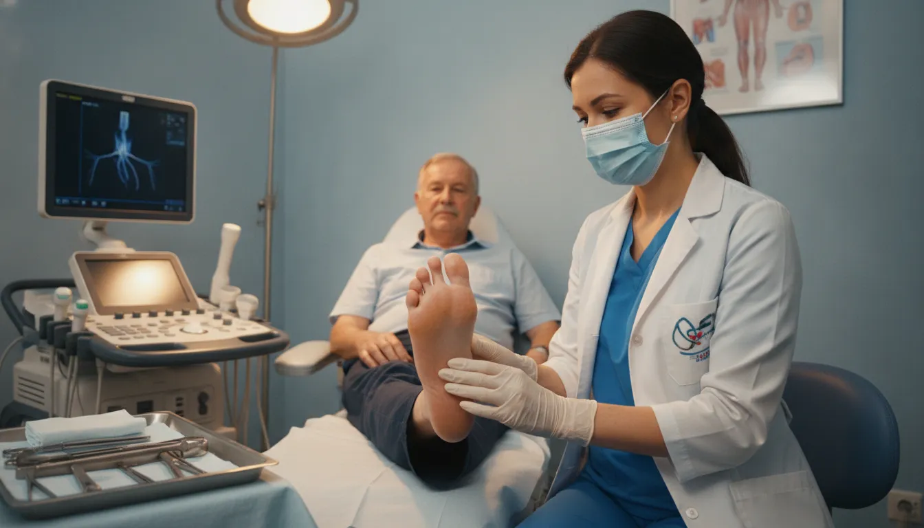 Podiatric surgeon examining a diabetic patient's foot during a limb salvage consultation