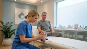 Podiatrist examining a patient's foot in a modern medical office