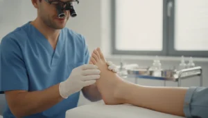 Podiatrist examining a patient's foot in a medical office