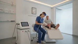 Podiatrist performing laser treatment on a patient's toenail in a medical office